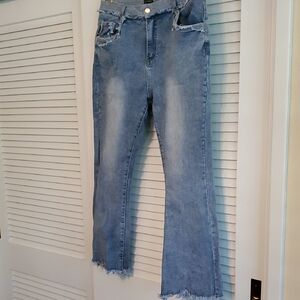 Coco + Carmen Light Blue Flare Jeans with Frayed Hem